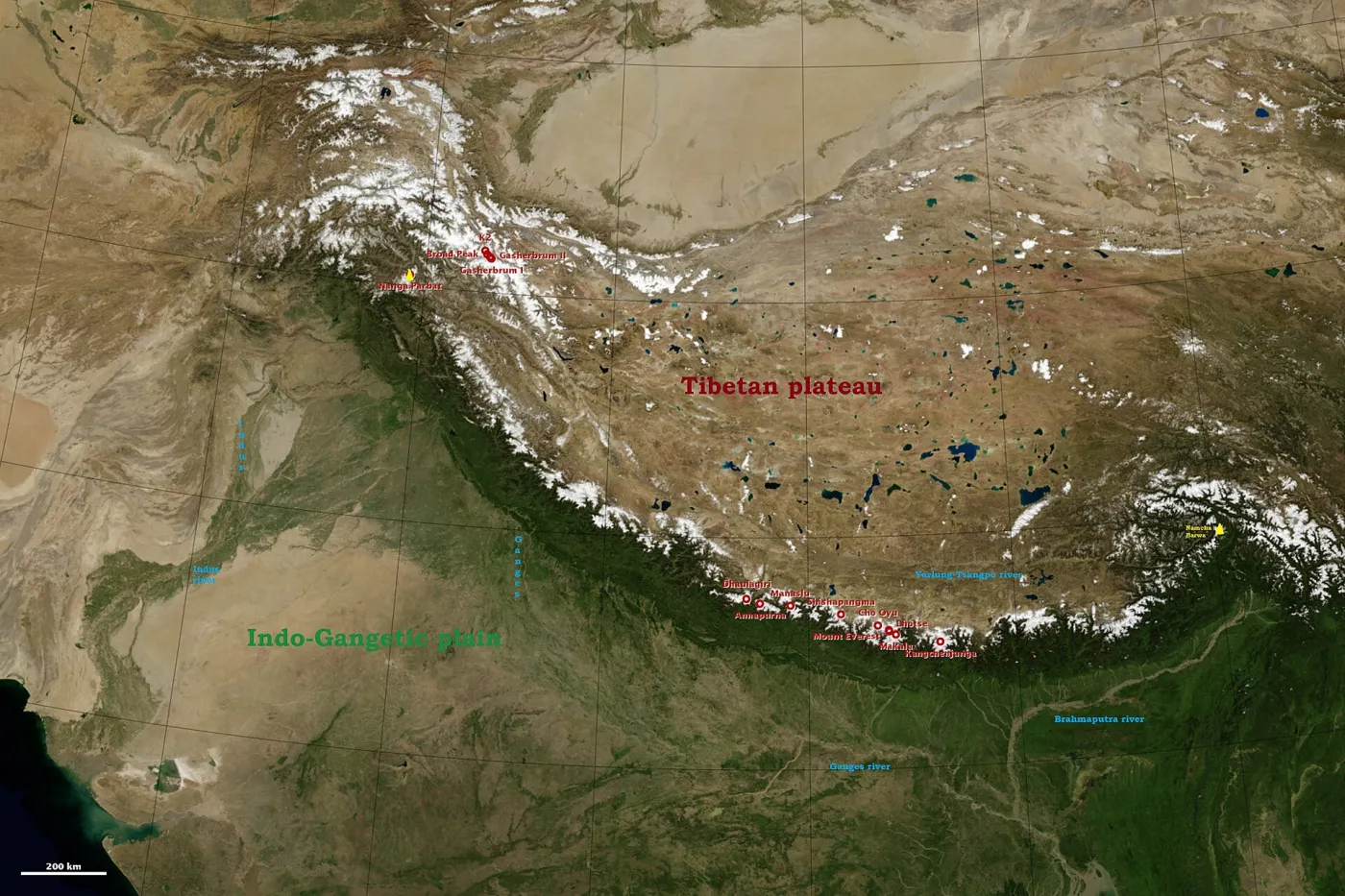 Himalayas and allied ranges in NASA Landsat image showing the eight thousanders, annotated with major rivers