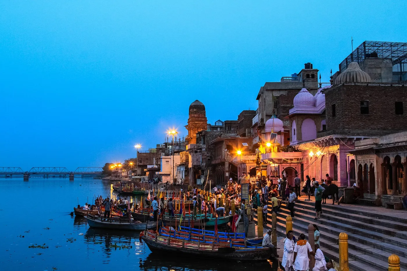 this picture is taken at vishram ghta of Mathura in the evening just before Evening Yamuna arati